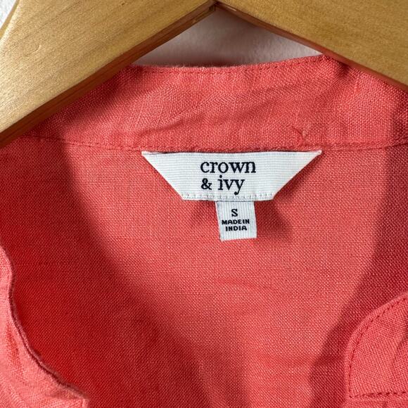 Crown & Ivy Top Women S Orange 100% Linen Roll Tab Sleeve Tunic Coastal Spring - Picture 6 of 8